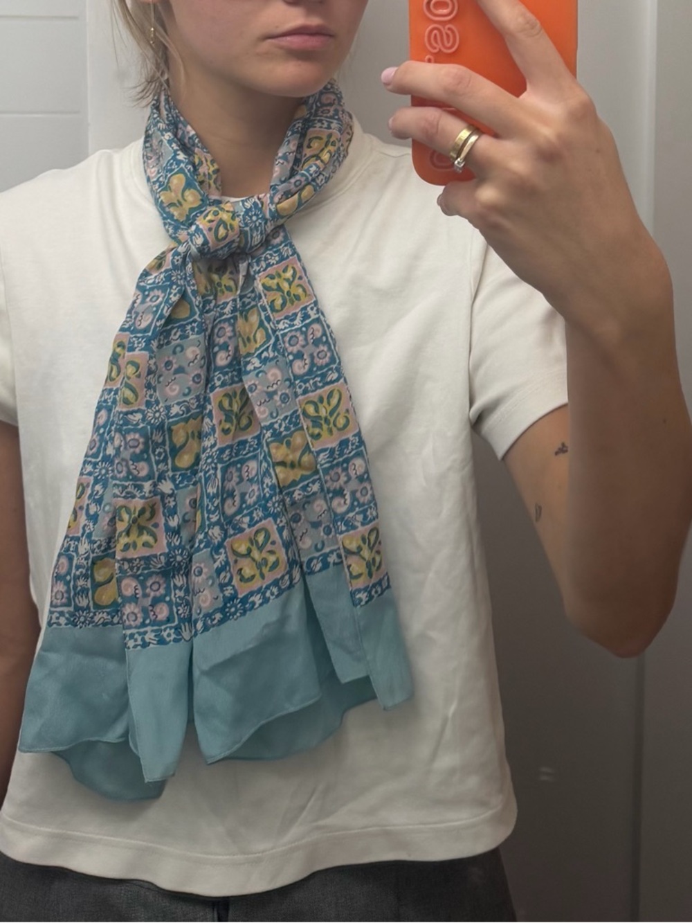 Vintage Blue Teal and Yellow Patterned Silk Scarf